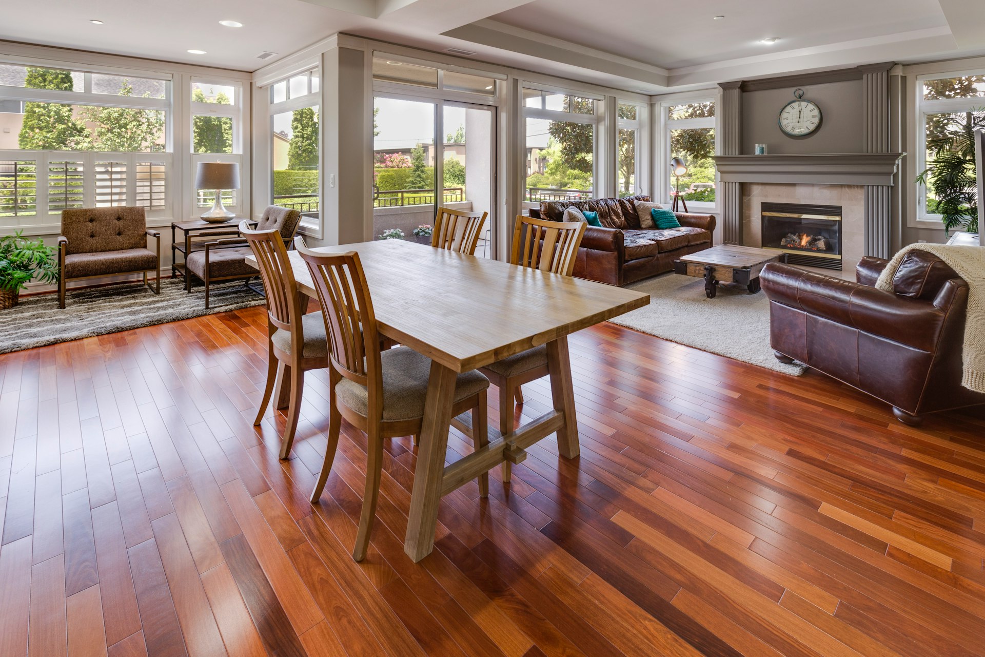 rectangular brown wooden table and chair set